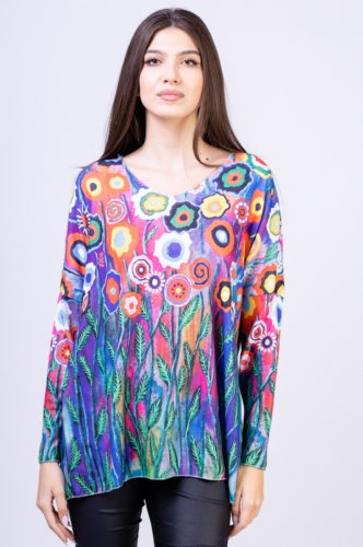 Bluza catifelata cu imprimeu gradina cu flori stilizate
