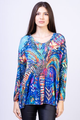 Bluza catifelata cu imprimeu palmier stilizat cu albastru electric