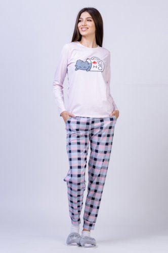Pijama bumbac doua piese cu imprimeu jucaus Pisicuta in cana 