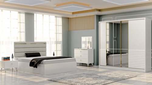 Akyol Mobilya - Set dormitor dalyan, 5 piese, pat 160 x 200 cm, dulap usi glisante, comoda, 2 noptiere, corp alb, fronturi alb