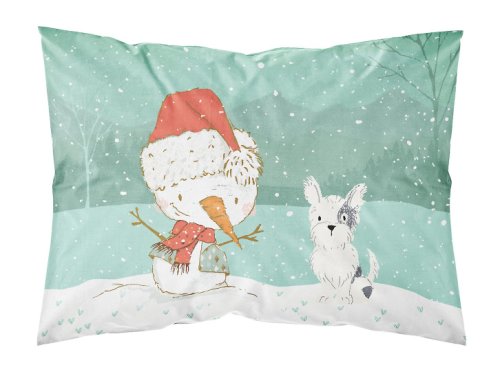 Caroline`s Treasures Black and White Terrier Snowman Crăciun Fabric Standard Pillowcase Alb