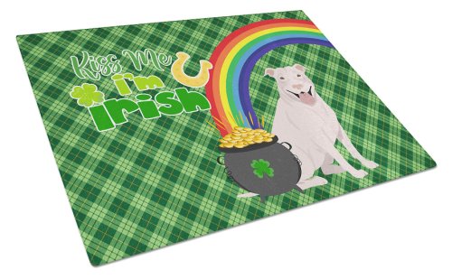 Caroline`s Treasures White Pit Bull Terrier St Patrick`s Day glass cutting board large Alb 12H x 16W